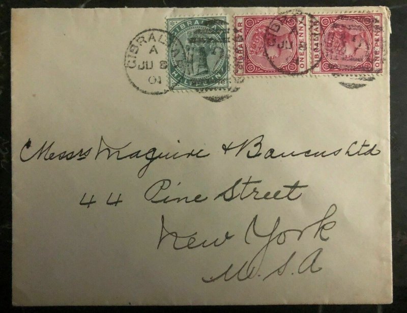 1901 Gibraltar Cover to New York USA A26 Duplex Cancels