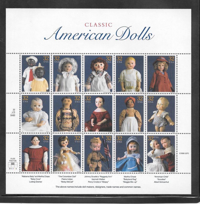 #3151 MNH Sheet CLASSIC AMERICAN DOLLS PLATE #P44444 PLATE POS #2