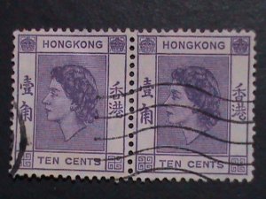 ​HONG KONG-1954 SC#186- 68 YEARS OLD-QUEEN ELIZABETH II USED PAIR-FANCY CANCEL