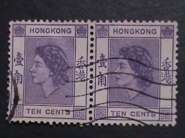 ​HONG KONG-1954 SC#186- 68 YEARS OLD-QUEEN ELIZABETH II USED PAIR-FANCY CANCEL