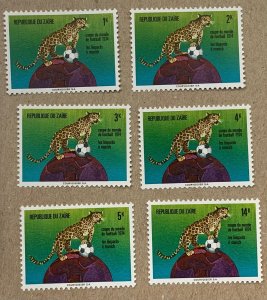 Zaire 1974 World Cup (Leopard with Ball), MNH. Scott 798-803, CV $8.75. Cats