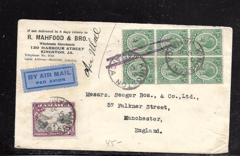 JAMAICA (PP1301B) 1932 AD COVER KGV 1/2D BL OF 6+ 6D TO ENGLAND