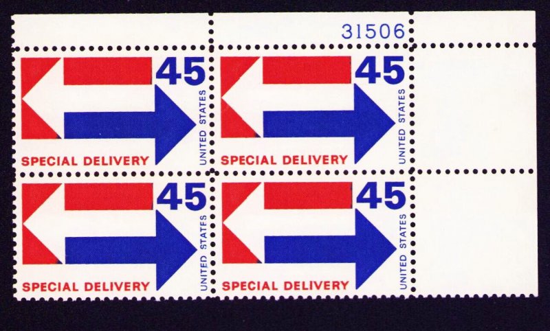 U.S. Sc. #E22 Plate Block, MNH, 1969 45¢ Special Delivery, Perf 11