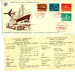 1964 Indonesia First Day Cover Sc 627-629 631 Truck Ship Plane Bicycle Mail