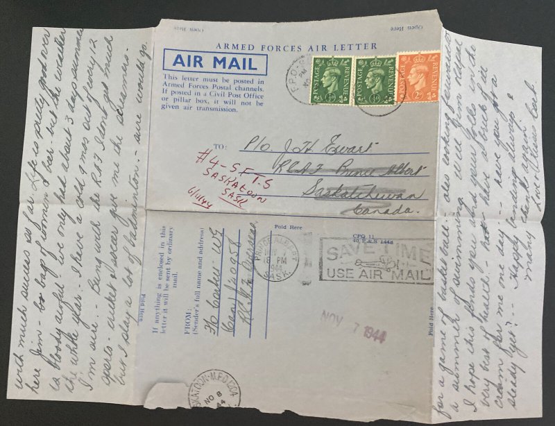 1944 FPO England Armed Forces Air letter Cover To Saskatoon Canada
