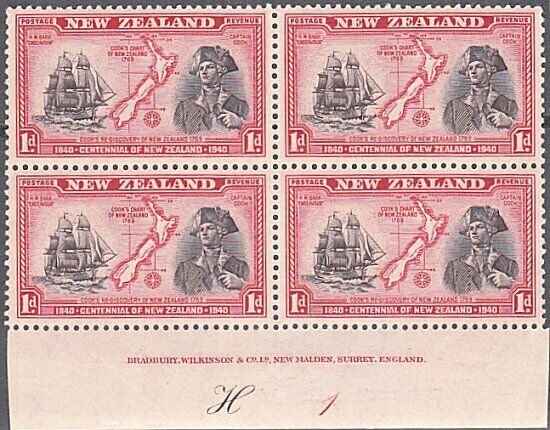 NEW ZEALAND 1940 Centenary 1d Captain Cook plate block MNH CP cat NZ$40.....K489