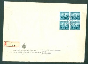 Liechtenstein. 1947 Cover,Front. Reg: Vaduz # 143. 4-Block Alpine Marmot Sc# 224