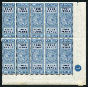 Antigua 1870 4d Stamp Duty Plate Block of 10 U/M (some very light ageing)