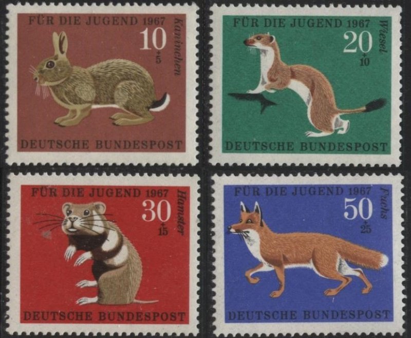 Germany B422-B425 (mnh full set of 4) rabbit, weasel, hamster, fox (1967)