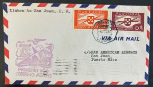 1941 Lisbon Portugal First flight Airmail cover FFC To San Juan Puerto Rico