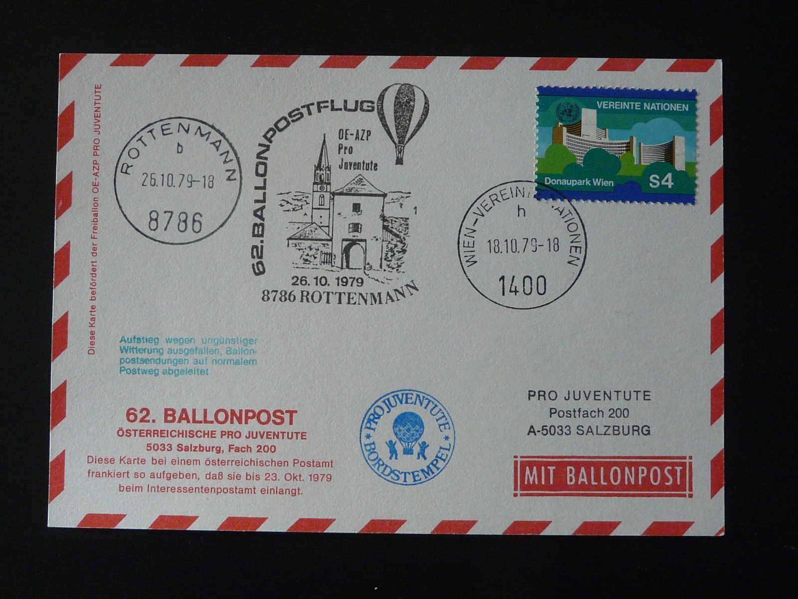 Ballonpost Oe Azp Balloon Flight Pro Juventute Postcard Uno