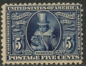 US Sc#330 1907 5c Jamestown Avg-Fine Centered OG Mint Lightly Hinged