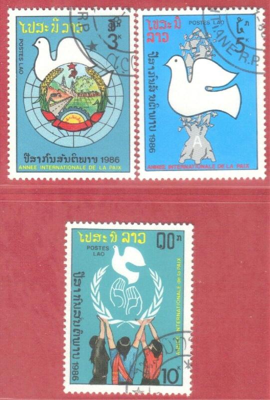 LAOS STAMPS SC# 752-54  *CTO* 1986 3k+5k+10k  INTL. PEACE YEAR SEE SCAN