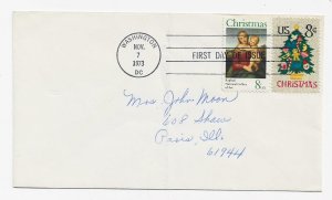 US 1507 & 1508 8c Christmas Issues 2 singles on one FDC No Cachet ECV $5.00