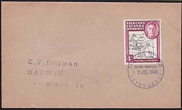 FALKLAND Is DEPS 1946 GVI 4d Map on cover South Georgia cds................B2936