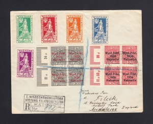 POLAND: 1934 Katowice Philatelic EXHIBITION #280 & #281 Blocks Cover to ENGLAND