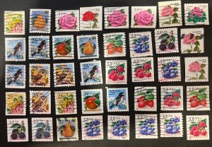 40 US stamps - used - some duplicates - birds, bees, fruits, flowers