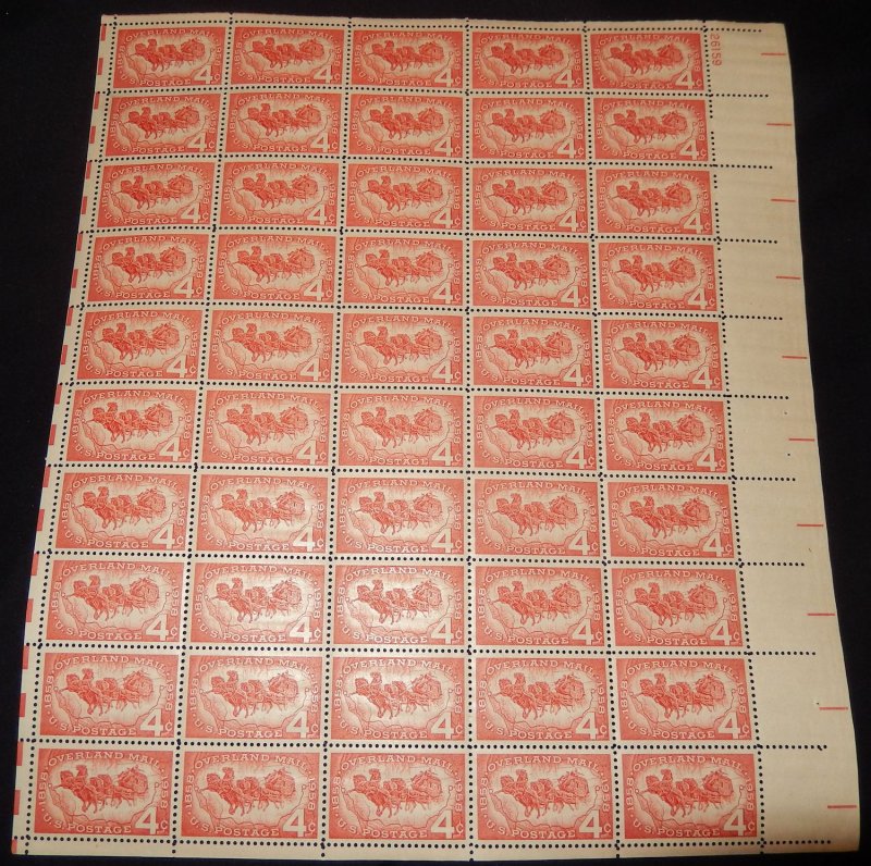 US #1120 4c Overland Mail, Full Sheet, F/VF OG NH or better, post office fres...