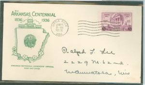 US 782 1936 3c Arkansas Statehood Centennial (single) on an addressed FDC with an Arkansas Centennial Commission cachet.