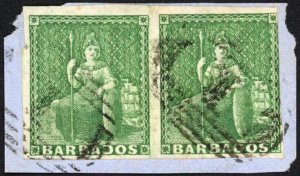 Barbados SG7 (1/2d) Yellow-green PAIR (touched at right) Cat 220 pounds