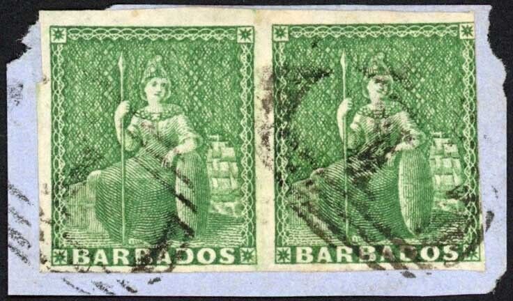 Barbados SG7 (1/2d) Yellow-green PAIR (touched at right) Cat 220 pounds