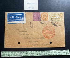 1933 Calcutta India Early Early Airmail cover To Lode Latvia Via Berlin