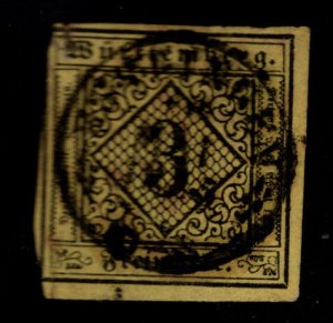 Wurttemberg Scott 2 nice 1851 stamp Nice Cancel cut close at left