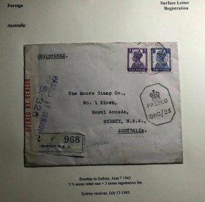 1943 Bombay India Censored Commercial Cover To Sydney Australia