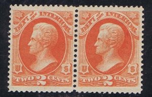 US O16 DEPT OF INTERIOR MNH HORIZONTAL PAIR ORANGE 2c 1873