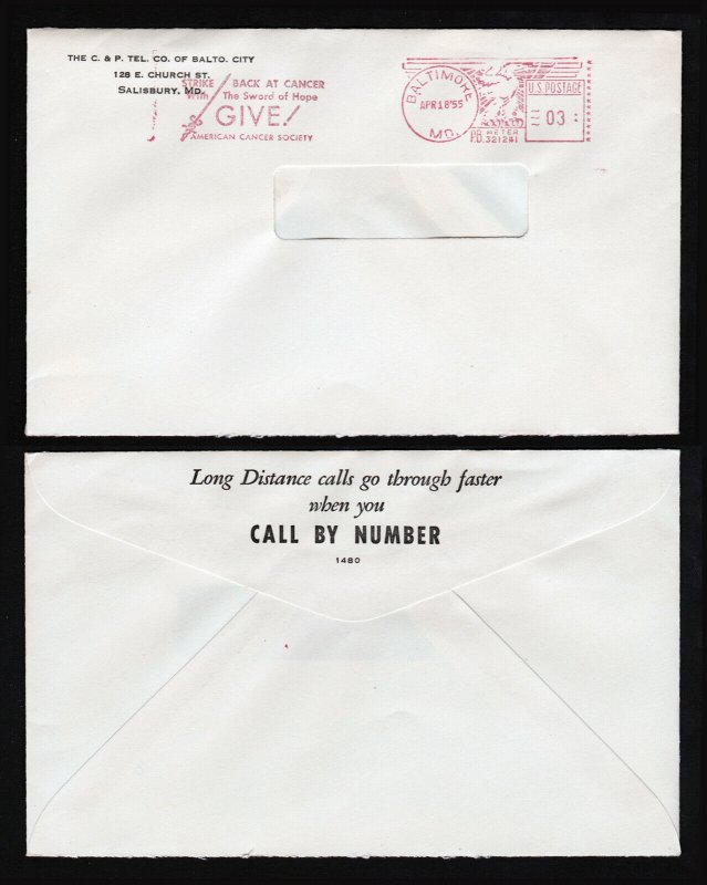 US COVER RED METERED 3C ADVERTISING SLOGAN ⭐ C & P TEL CO ⭐ BALTIMORE MD 1955