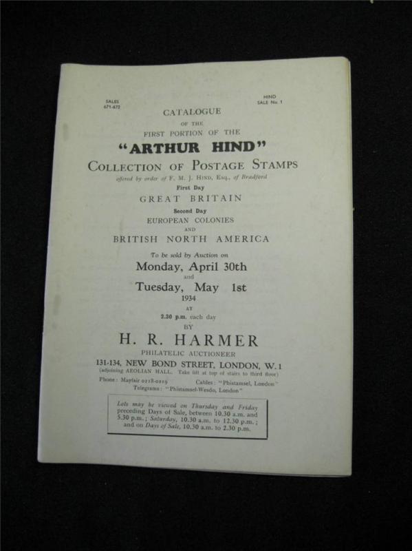 HR HARMER AUCTION CATALOGUE 1934 'ARTHUR HIND' COLLECTION PART 1 GB EUROPE & BNA