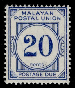 MALAYSIA - Malayan Postal Union GVI SG D13, 20c blue, NH MINT.