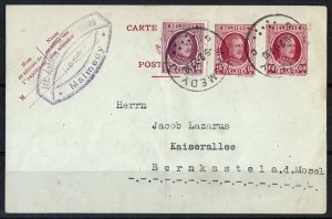 Belgium 1927 Fine 15c + 60c red postal card uprated 15c adhesive to Germany,