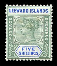 Leeward Islands #8 (SG 8) Cat$145, 1890 Victoria, 5sh green and ultramarine, ...