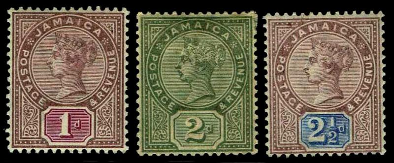 1889-91 Jamaica #24-26  QV Watermark 2 - OGH - VF+ - CV$48.50 (ESP#3498) 