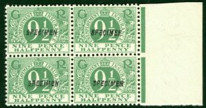 GB KGV Revenue 9½d Green UNEMPLOYMENT (1922) *SPECIMEN* BLOCK Mint MNH S2WHITE29