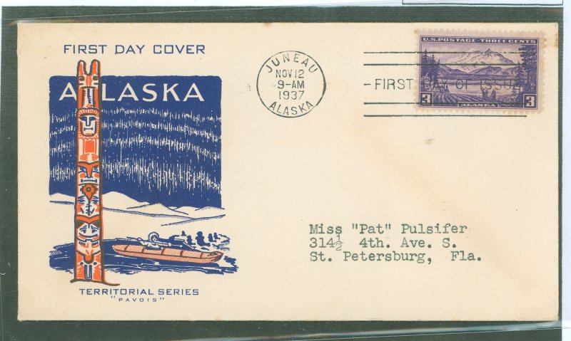 US 800 1937 3c Alaska ( Part of U S Possession Series) on an addressed FDC with a Pavois Cachet.