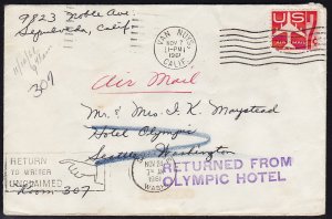 USA - 1960 - Scott #C60 - used on 1961 returned cover - Van Nuys-Seattle