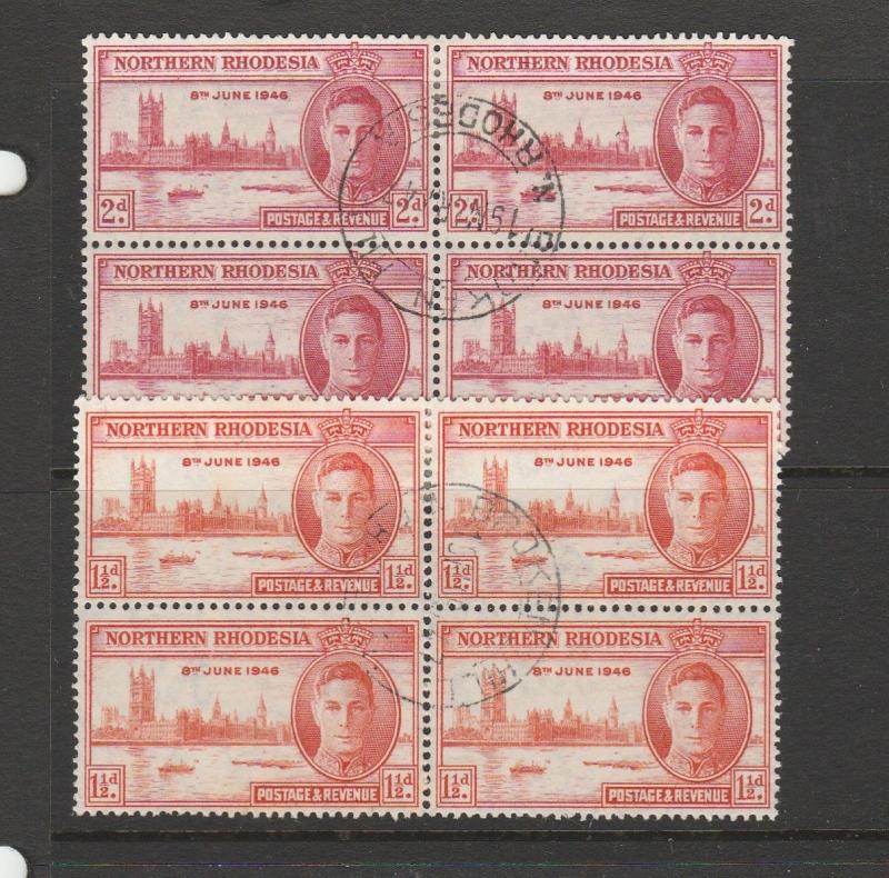 Northern Rhodesia 1946 Victory Blocks of 4, cds Broken Hill SG 46/7