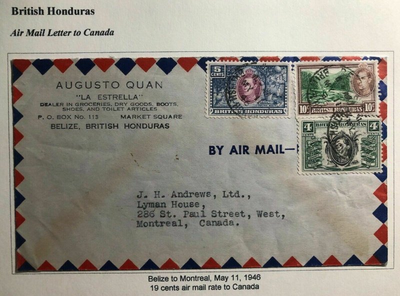 1946 Belize British Honduras Commercial Airmail Cover To Montreal Canada