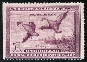 US Sc RW5 Violet $1.00 1938 Light Hinge Original Gum Duck Hunting Permit Stamp