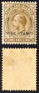 Falkland Is  SG72b 1/- brown on thick Greyish paper Broken W M/M