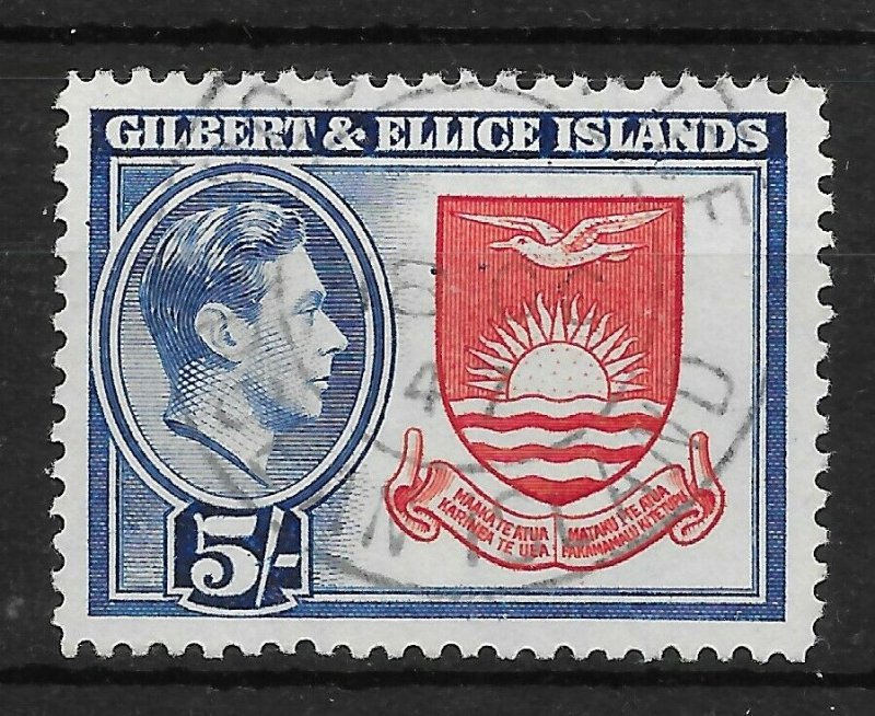 GILBERT & ELLICE IS. SG54 1939 5/= DEEP ROSE-RED & ROYAL BLUE USED