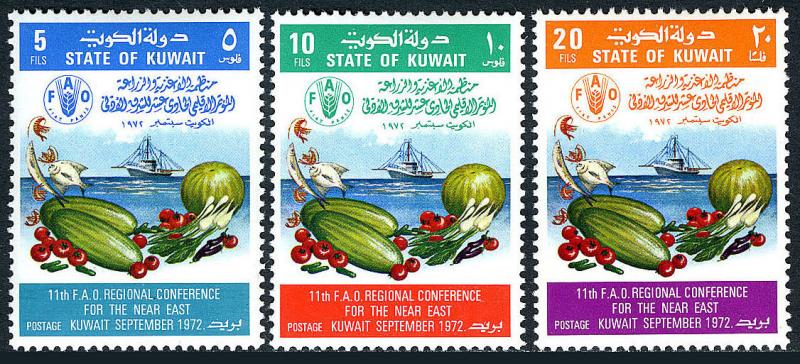 Kuwait 557-559, MNH. FAO Regional Conference. Emblem,Vegetables,Fish,Ship, 1972