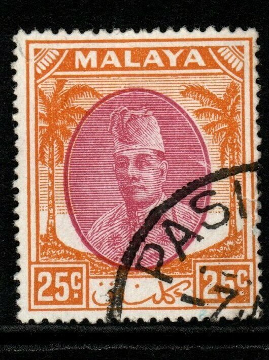 MALAYA KELANTAN SG74 1951 25c PURPLE & ORANGE FINE USED