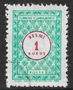 TURKEY 1969 1k Light Green and Red OFFICIAL Sc O113 VFU