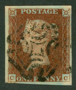 SG 8 1d red-brown plate 13 lettered CC. Very fine used Maltese cross. 4 margins