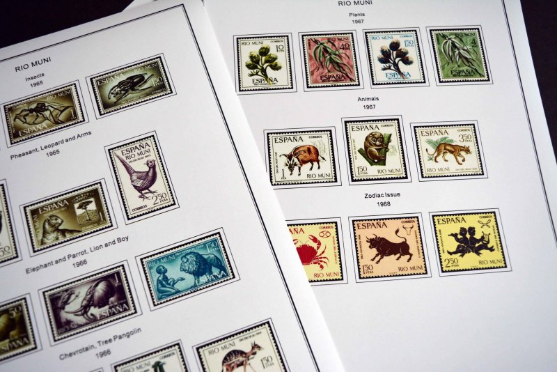 COLOR PRINTED RIO MUNI 1960-1968 STAMP ALBUM PAGES (8 illustrated pages)