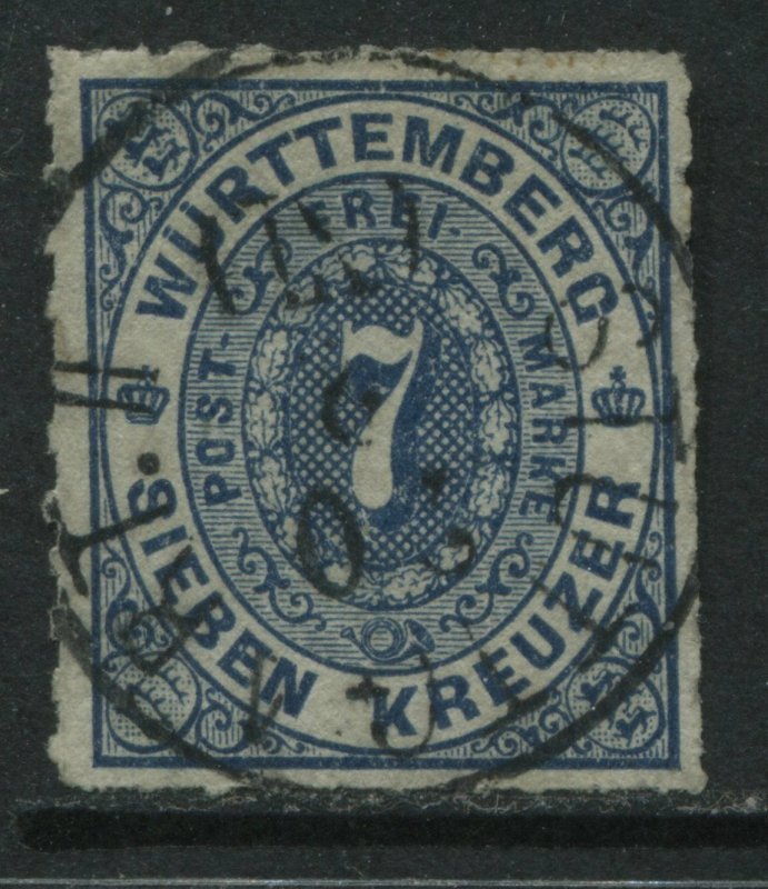 Wurttemberg 1869 7 kreuzer blue used