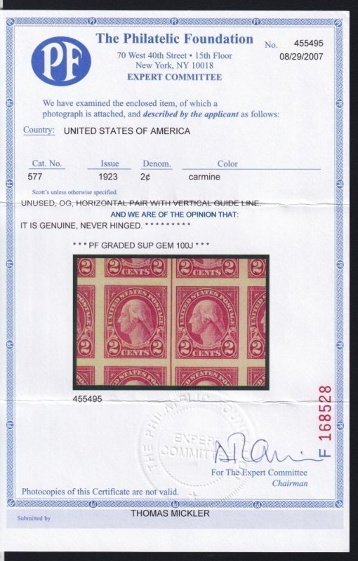 US #577 Mint OGnh, Pair,  Cert & Graded GEM (100) Jumbo